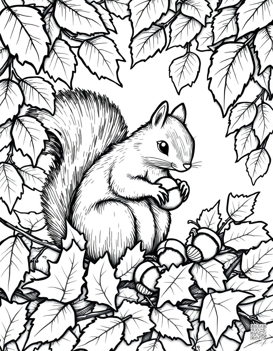 squirrel gathering acorns in fall leaves coloring page Crosshatch style - free printable