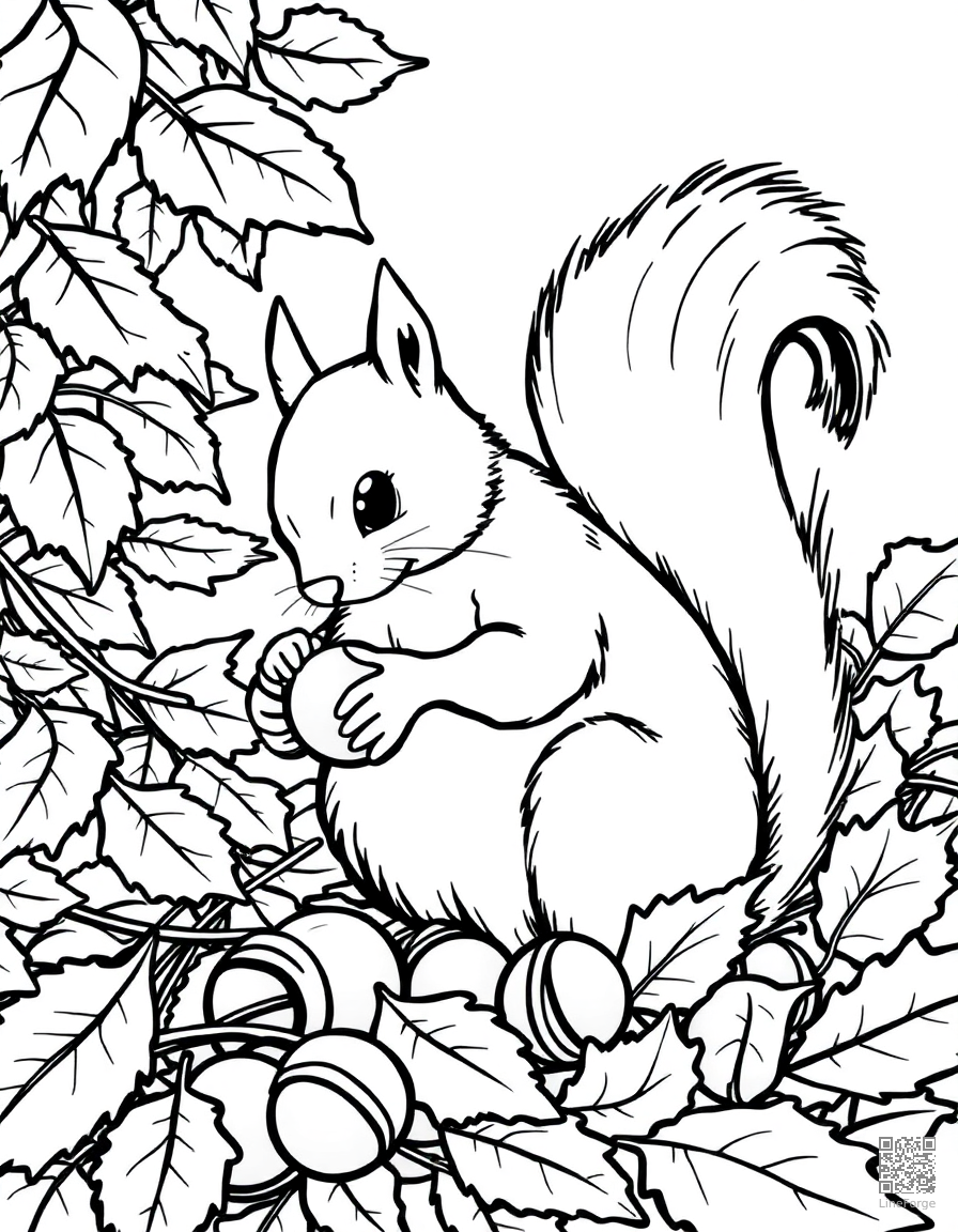 squirrel gathering acorns in fall leaves coloring page Manga style - free printable