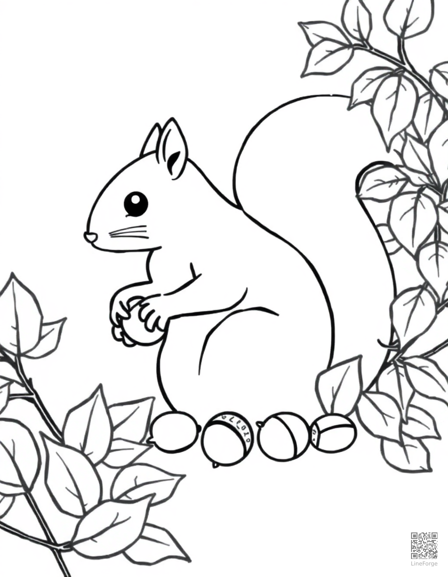 squirrel gathering acorns in fall leaves coloring page Minimal style - free printable