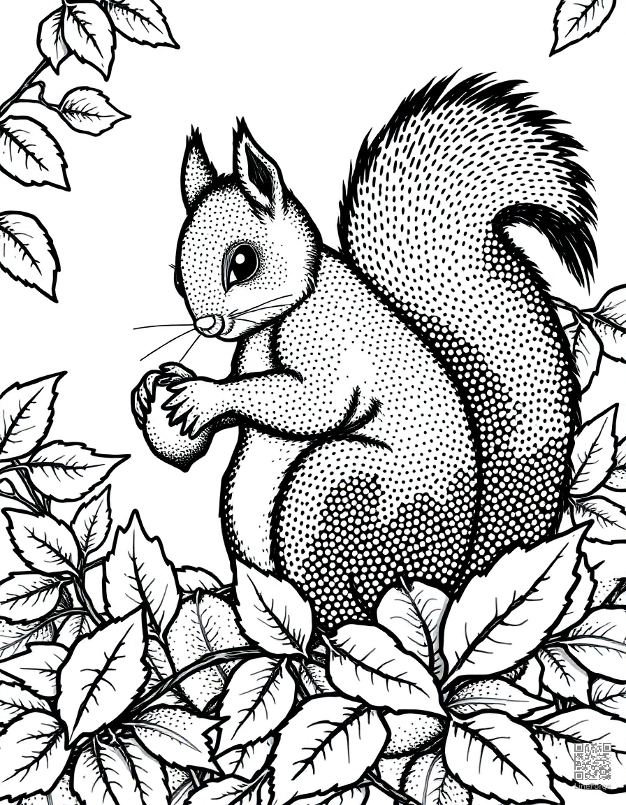 squirrel gathering acorns in fall leaves coloring page Stipple style - free printable