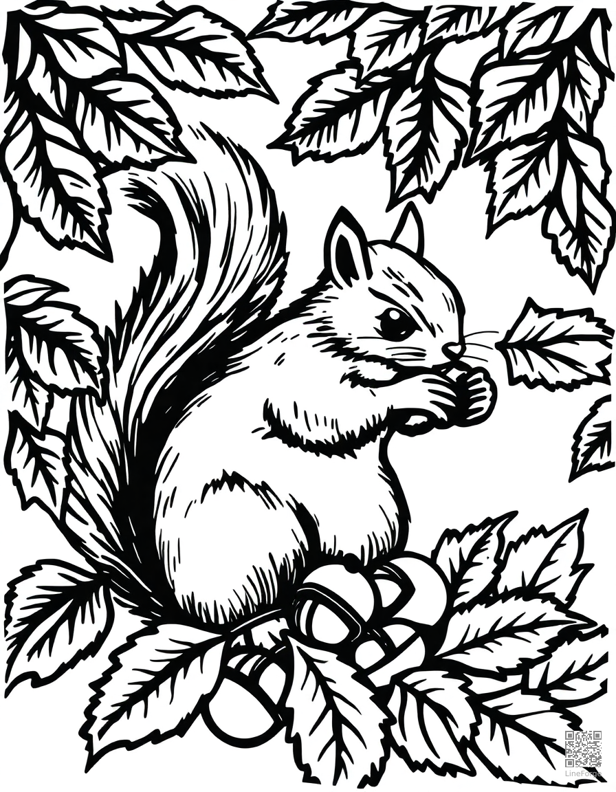 squirrel gathering acorns in fall leaves coloring page Woodcut style - free printable