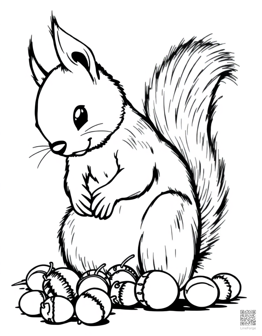 Squirrel gathering acorns coloring page Manga style - free printable