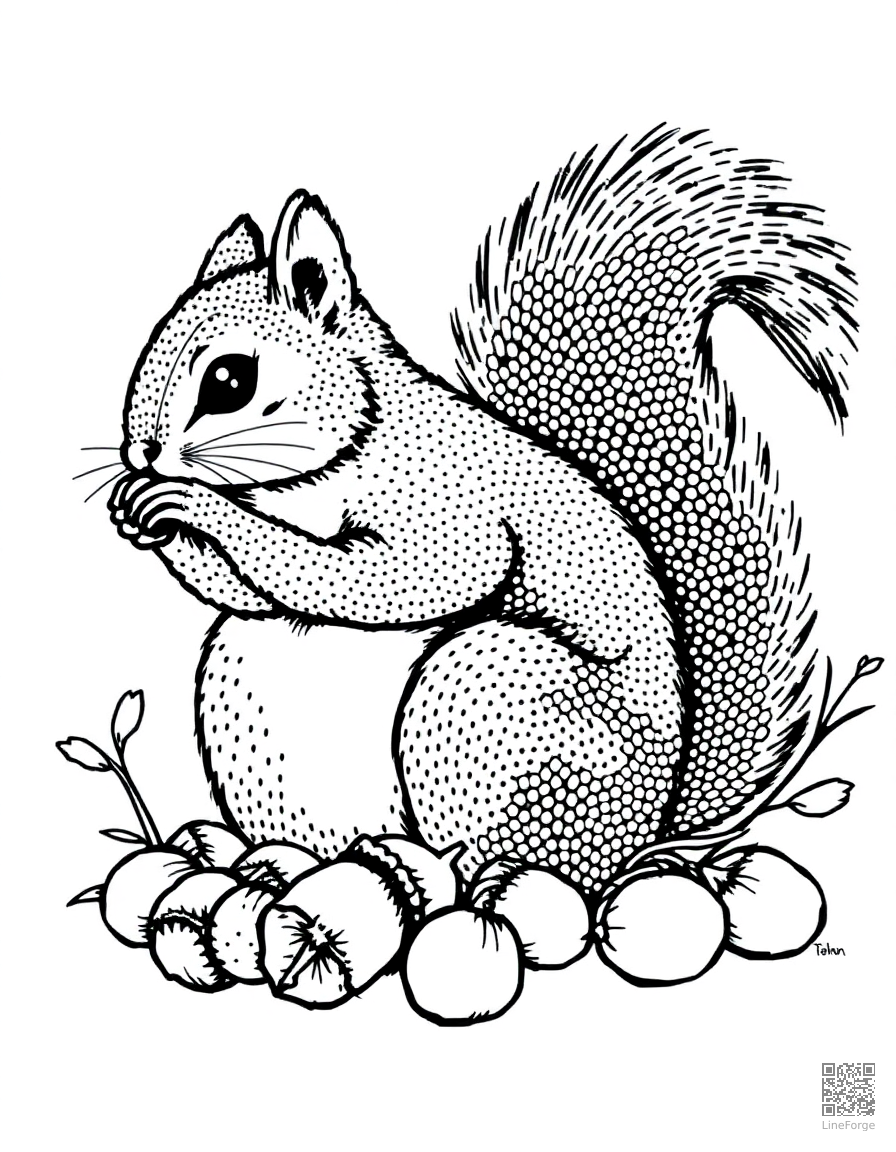 Squirrel gathering acorns coloring page Stipple style - free printable