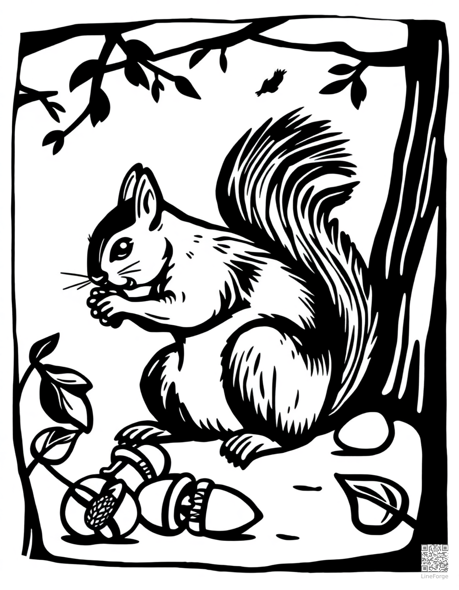 Squirrel gathering acorns coloring page Woodcut style - free printable