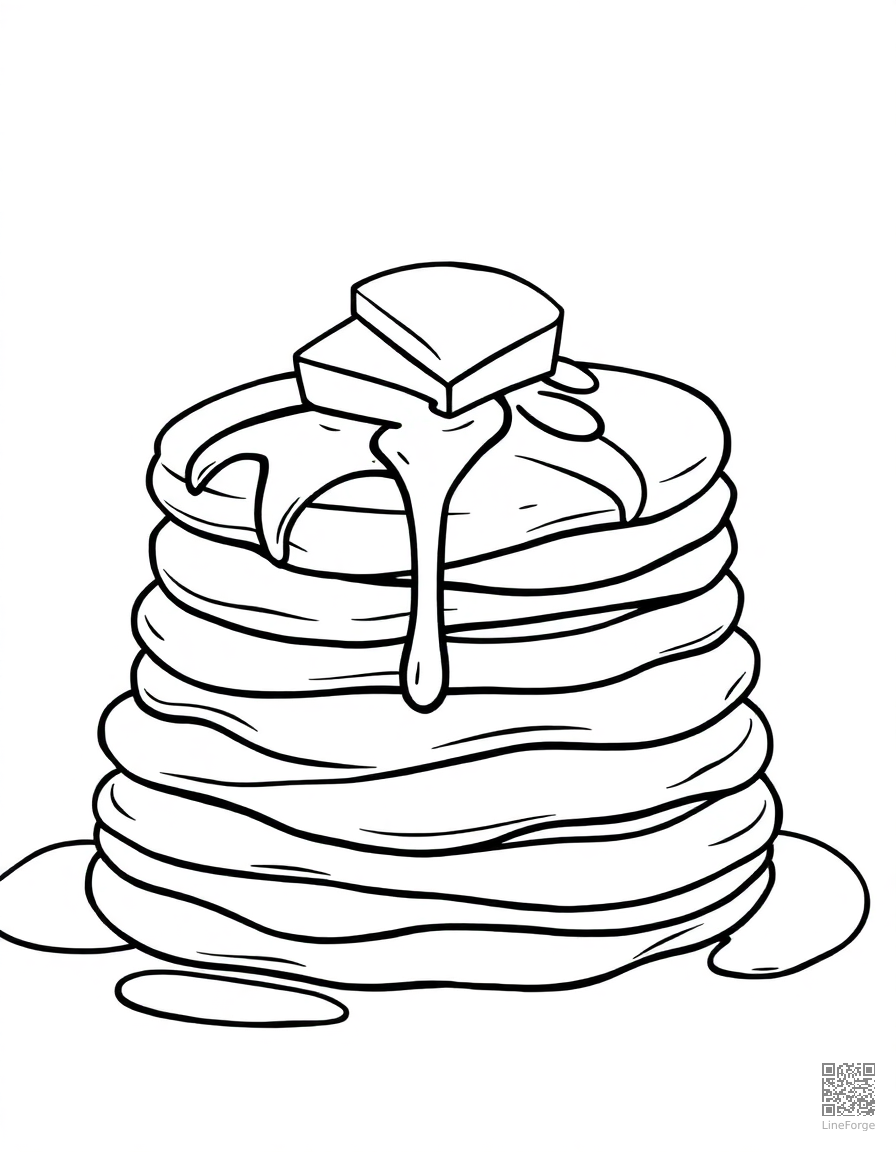 stack of pancakes with butter and syrup coloring page Contour style - free printable