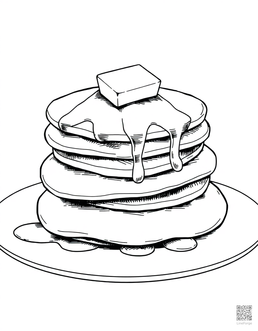 stack of pancakes with butter and syrup coloring page Crosshatch style - free printable