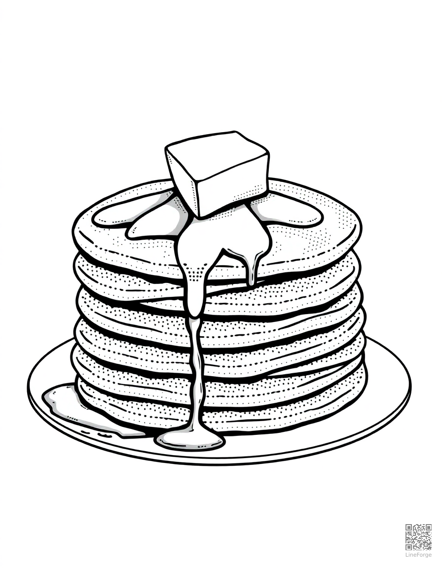 stack of pancakes with butter and syrup coloring page Stipple style - free printable