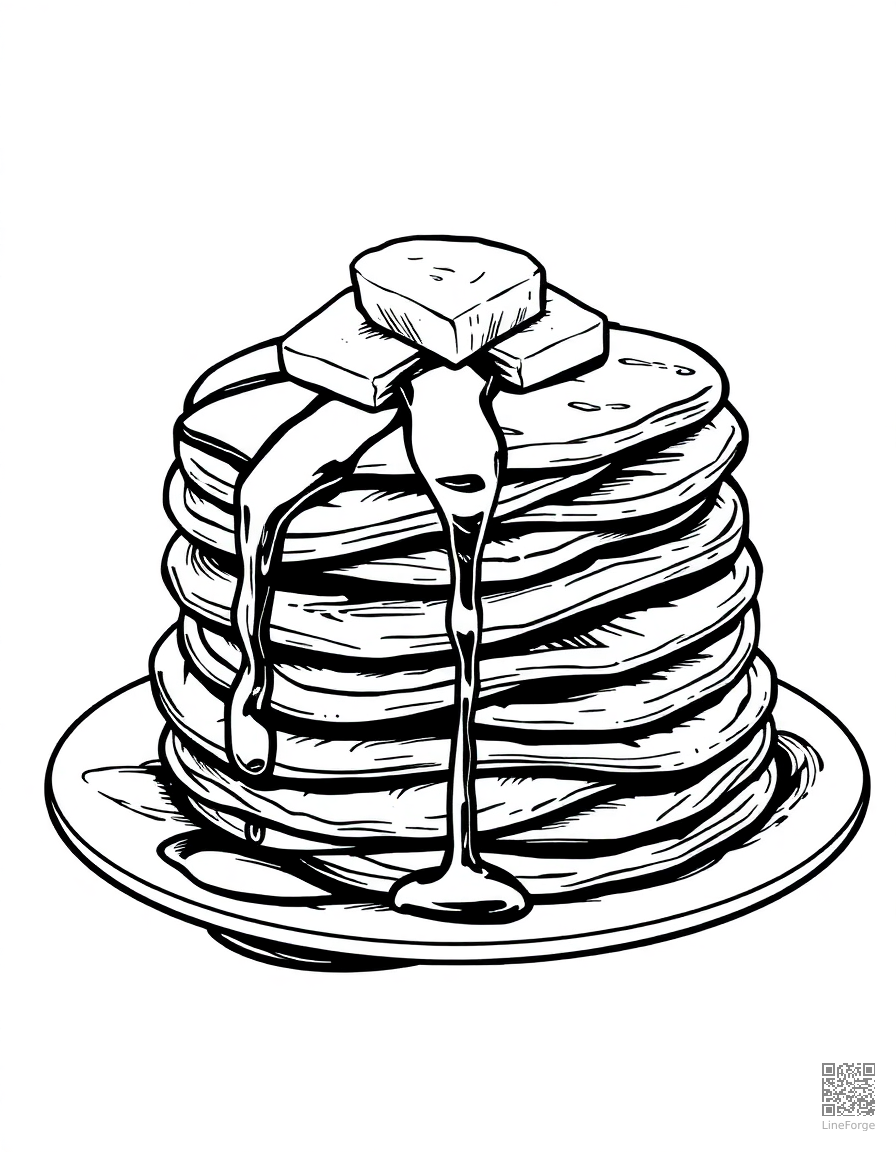 stack of pancakes with butter and syrup coloring page Woodcut style - free printable