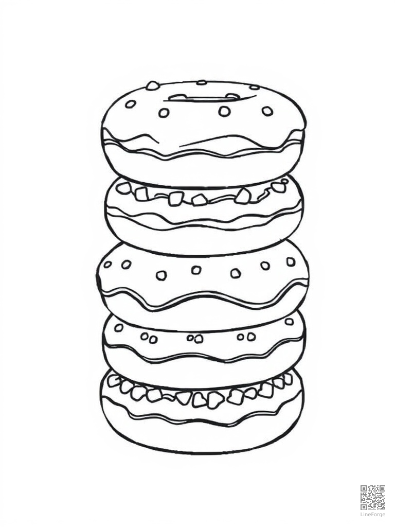 Stack of smiling donuts with frosting and toppings coloring page Contour style - free printable