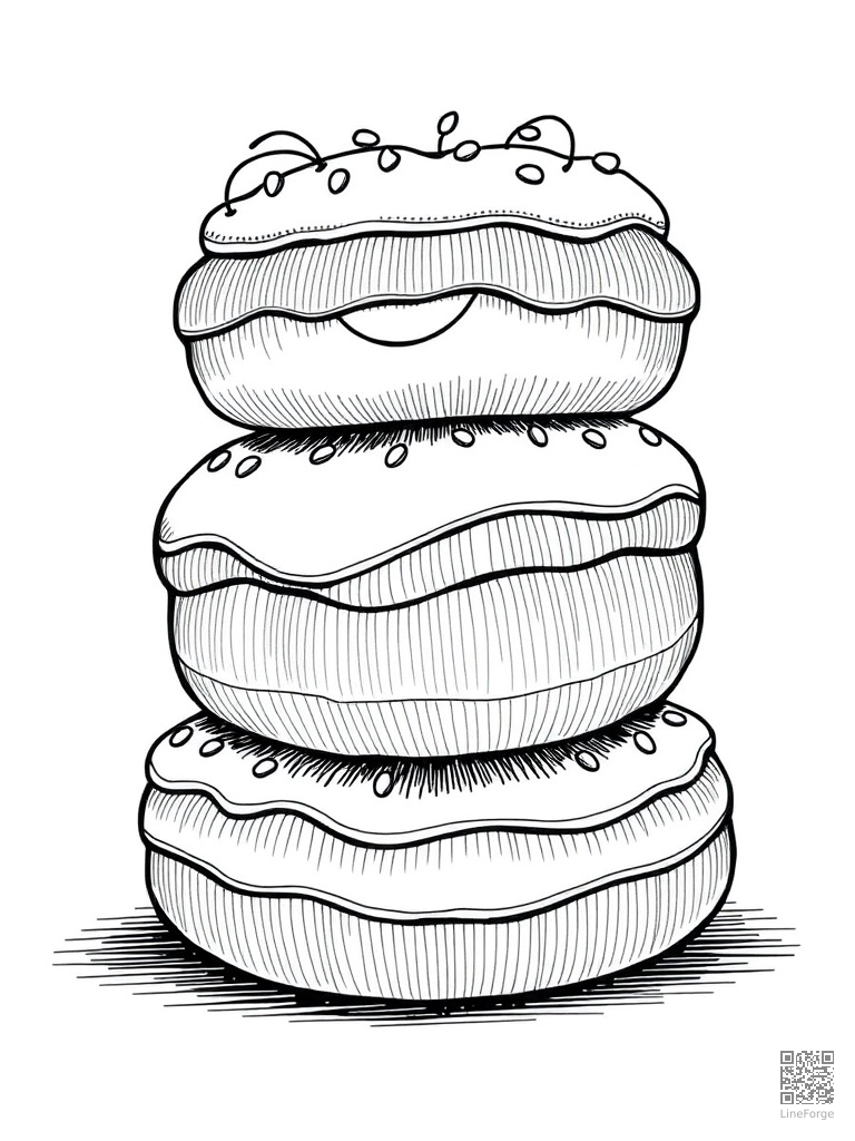 Stack of smiling donuts with frosting and toppings coloring page Crosshatch style - free printable