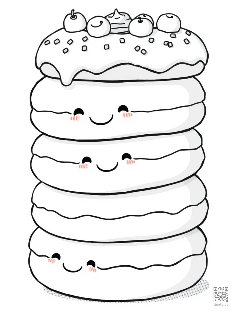 Stack of smiling donuts with frosting and toppings coloring page Manga style - free printable
