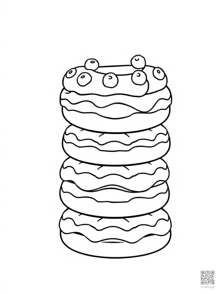 Stack of smiling donuts with frosting and toppings coloring page Minimal style - free printable