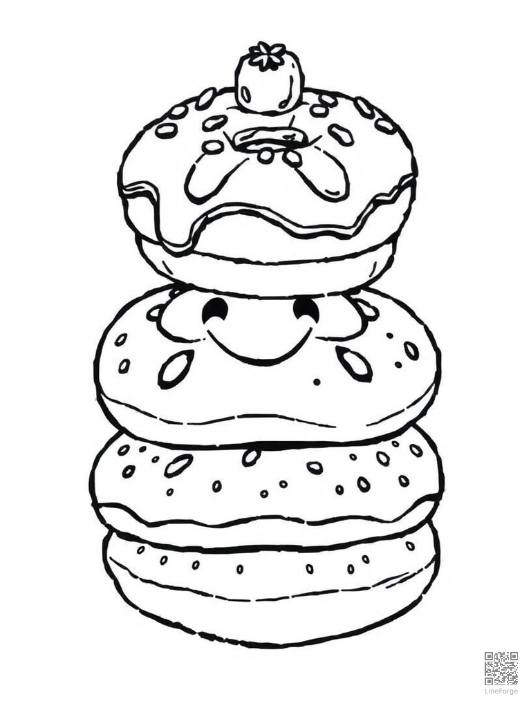 Stack of smiling donuts with frosting and toppings coloring page Woodcut style - free printable