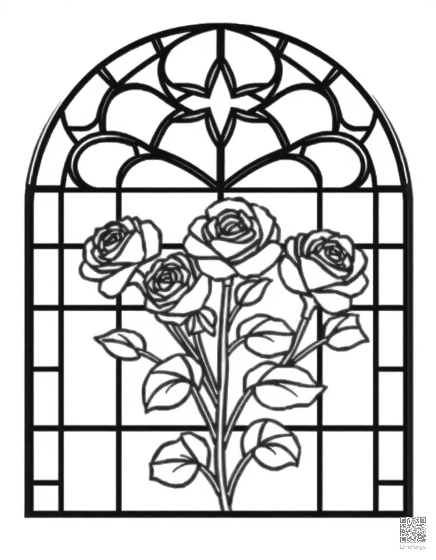 Free stained glass window design with roses coloring page in contour style — printable line art