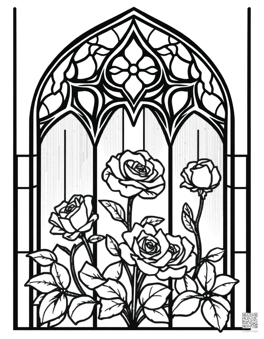 Free stained glass window design with roses coloring page in crosshatch style — printable line art