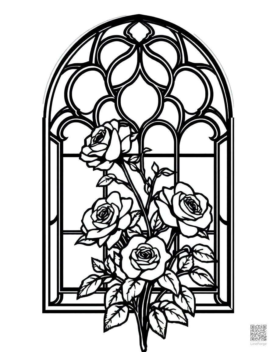 Stained glass window design with roses coloring page Manga style - free printable