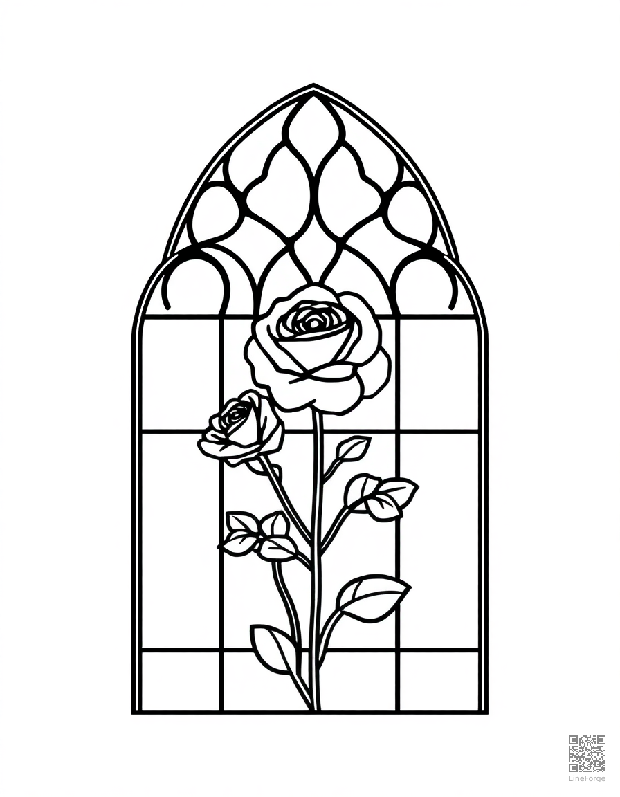 Stained glass window design with roses coloring page Minimal style - free printable