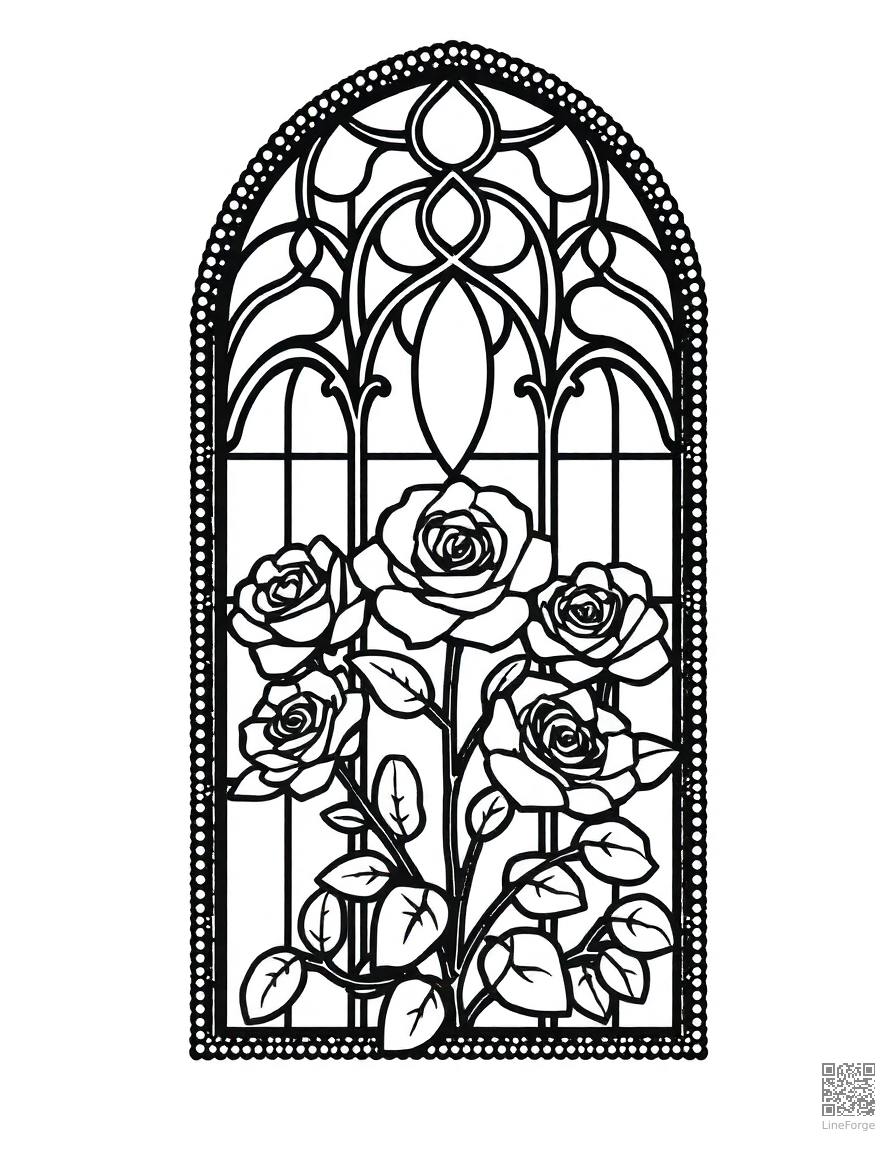 Free stained glass window design with roses coloring page in stipple style — printable line art