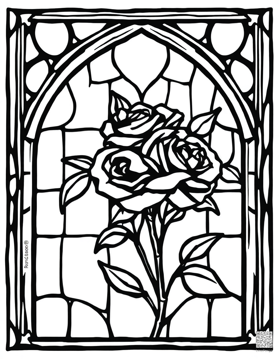 Stained glass window design with roses coloring page Woodcut style - free printable