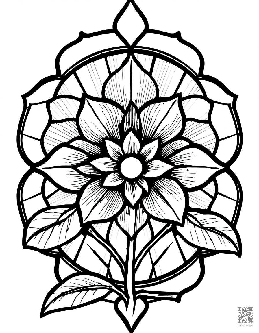 stained glass window rose pattern coloring page Crosshatch style - free printable