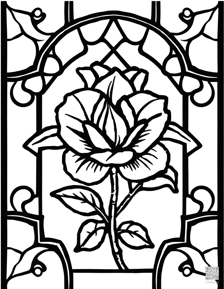 stained glass window rose pattern coloring page Woodcut style - free printable