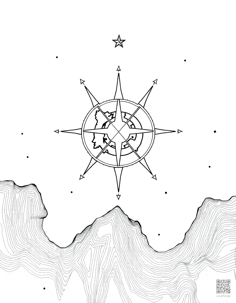 star map for navigation coloring page Crosshatch style - free printable