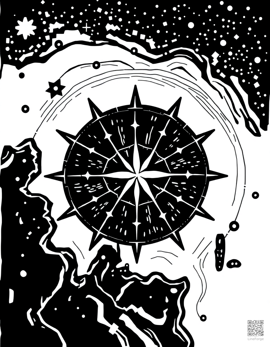 star map for navigation coloring page Woodcut style - free printable