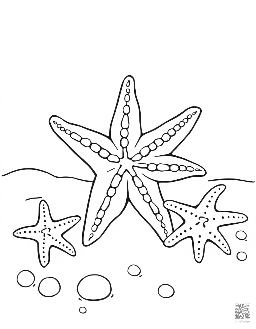 Free starfish on a sandy ocean floor coloring page in contour style — printable line art
