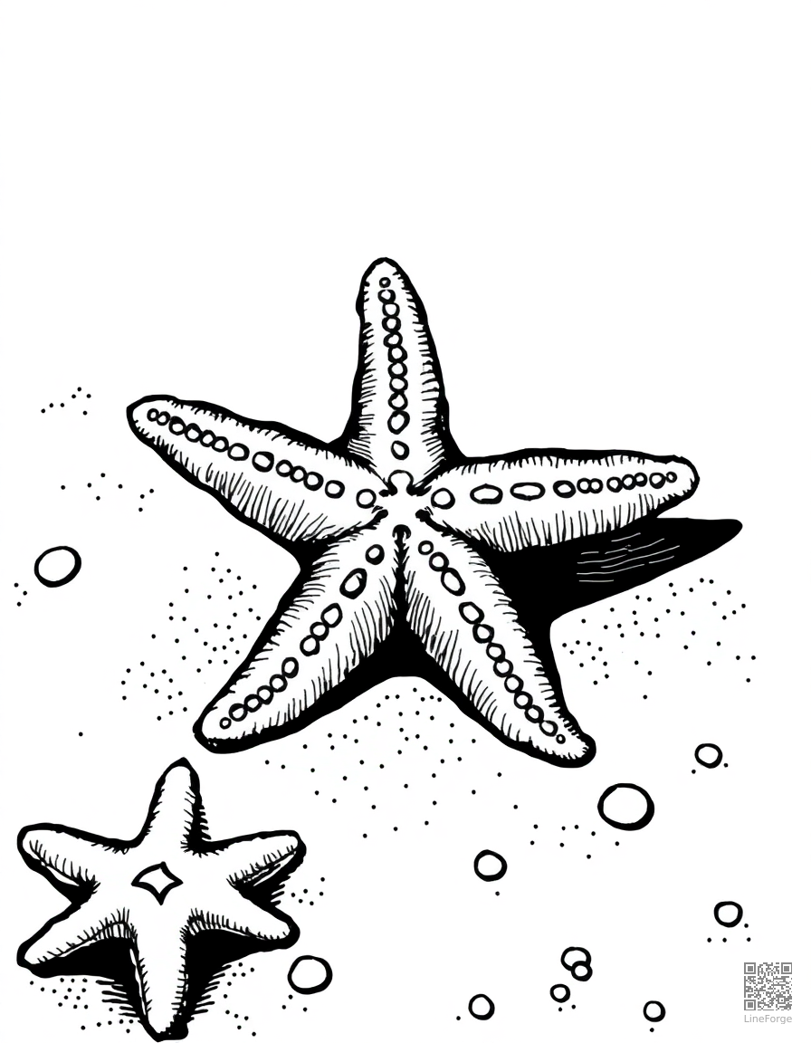 Free starfish on a sandy ocean floor coloring page in crosshatch style — printable line art