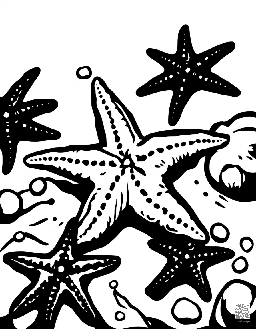 Free starfish on a sandy ocean floor coloring page in woodcut style — printable line art