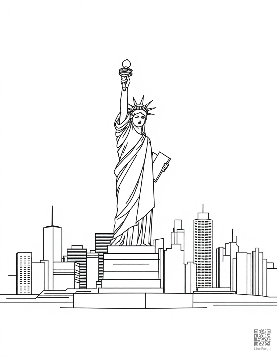 statue of liberty with new york skyline coloring page Contour style - free printable