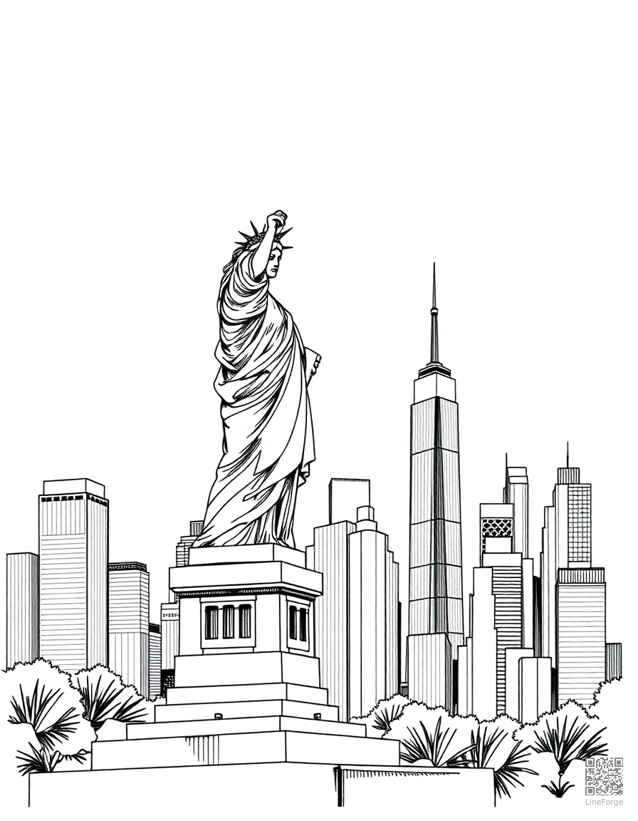 statue of liberty with new york skyline coloring page Crosshatch style - free printable
