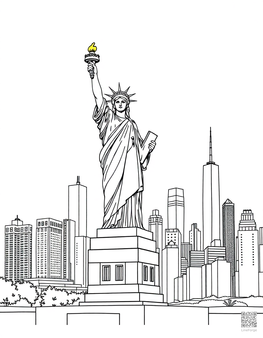 statue of liberty with new york skyline coloring page Manga style - free printable