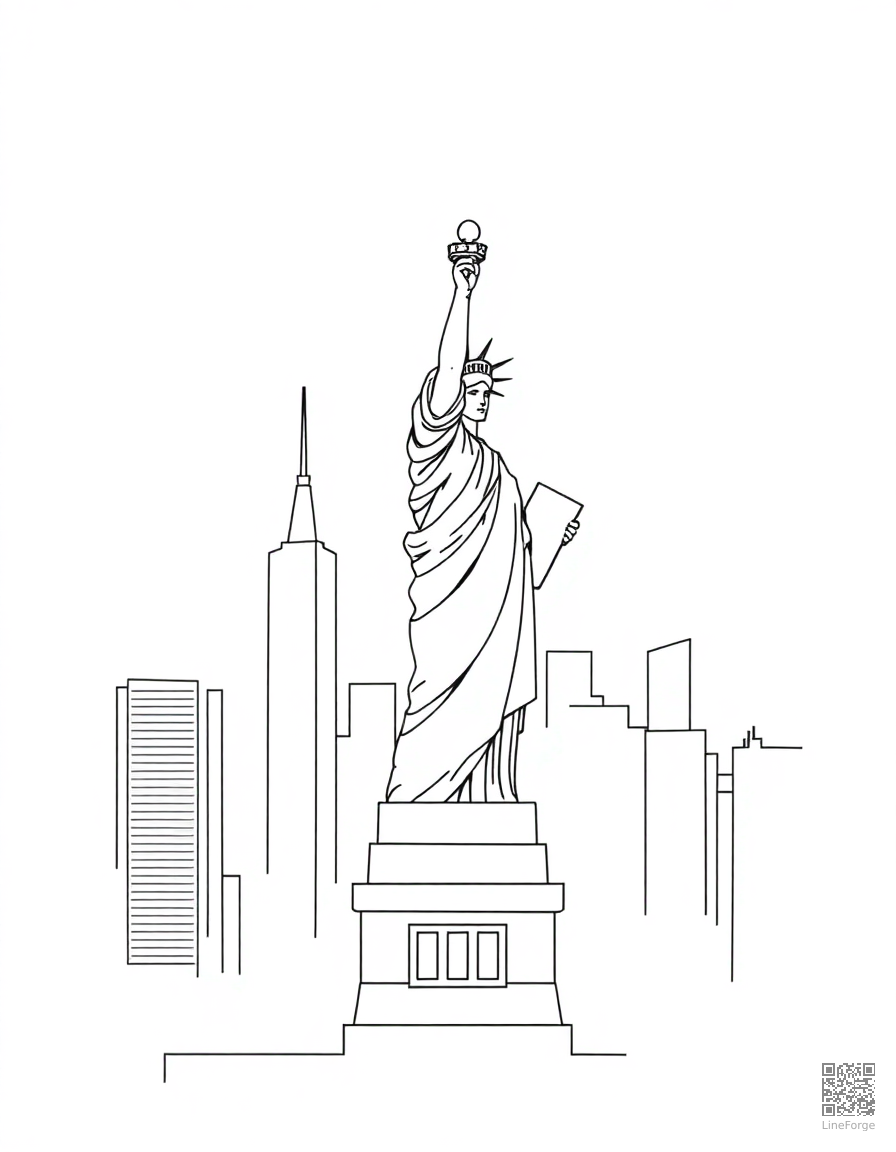 statue of liberty with new york skyline coloring page Minimal style - free printable