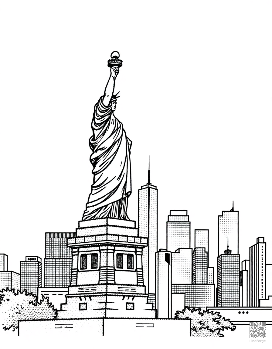 statue of liberty with new york skyline coloring page Stipple style - free printable