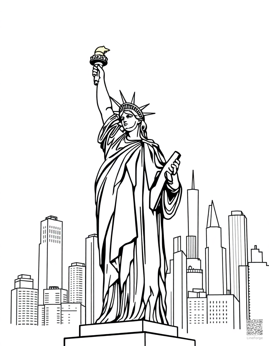 statue of liberty with new york skyline coloring page Woodcut style - free printable