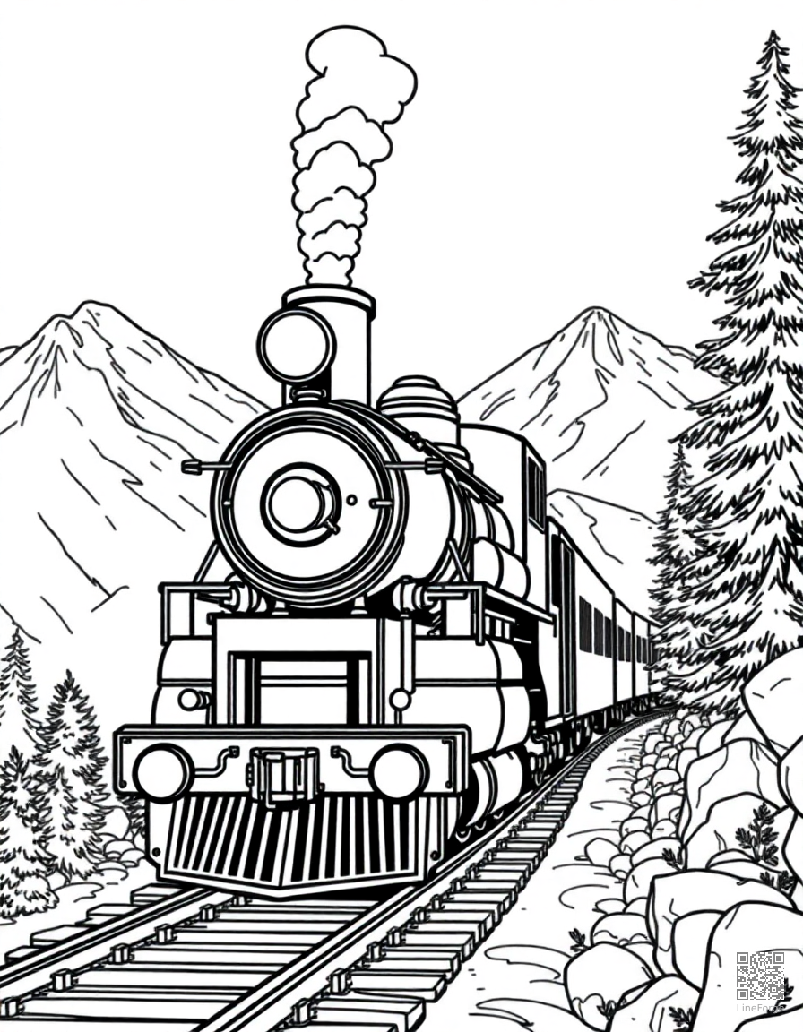 steam locomotive on a mountain railway coloring page Contour style - free printable