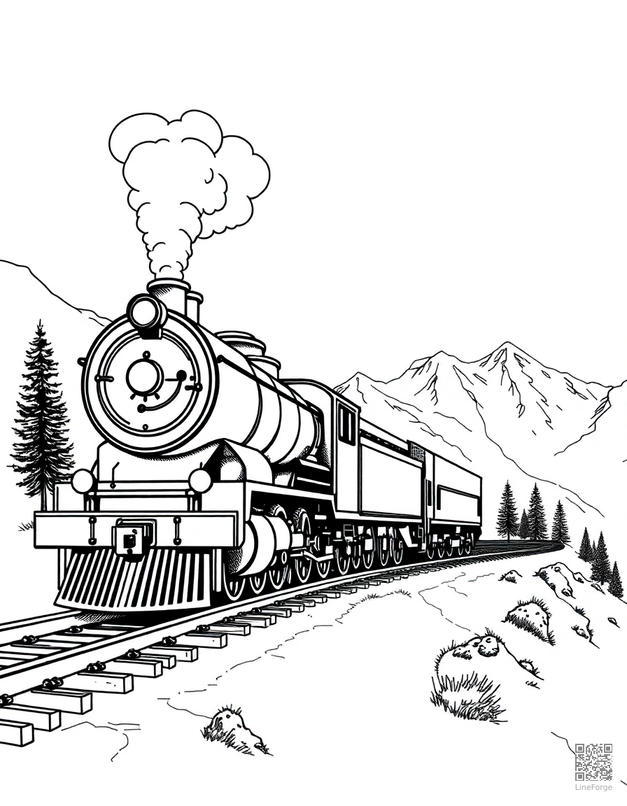 steam locomotive on a mountain railway coloring page Crosshatch style - free printable