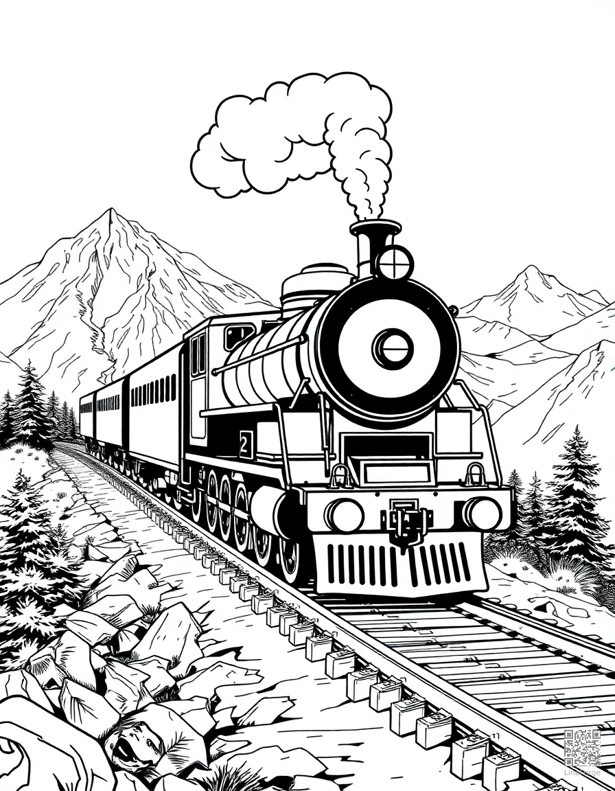 steam locomotive on a mountain railway coloring page Manga style - free printable