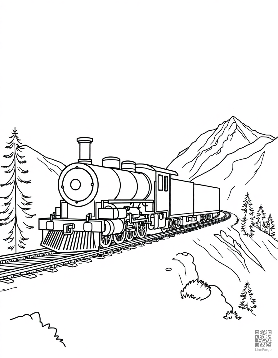 steam locomotive on a mountain railway coloring page Minimal style - free printable