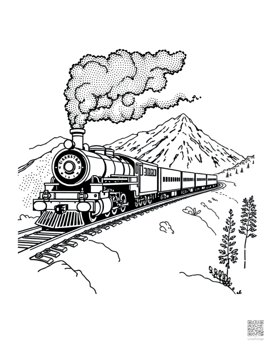 steam locomotive on a mountain railway coloring page Stipple style - free printable