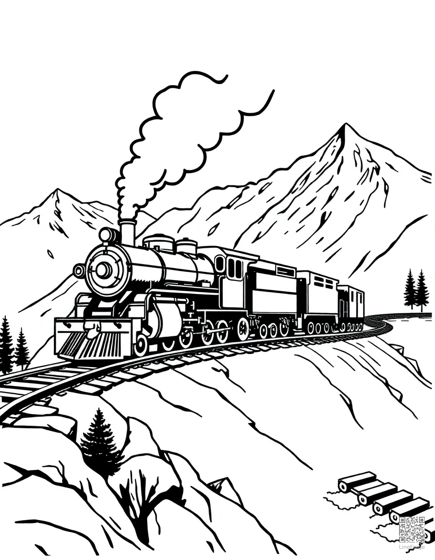 steam locomotive on a mountain railway coloring page Woodcut style - free printable