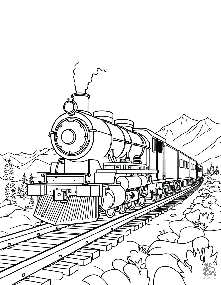 Steam locomotive on mountain tracks coloring page Contour style - free printable