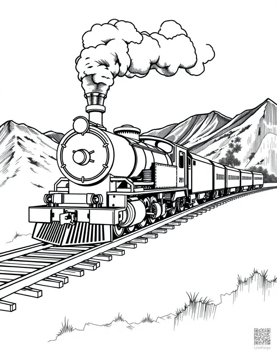 Steam locomotive on mountain tracks coloring page Crosshatch style - free printable