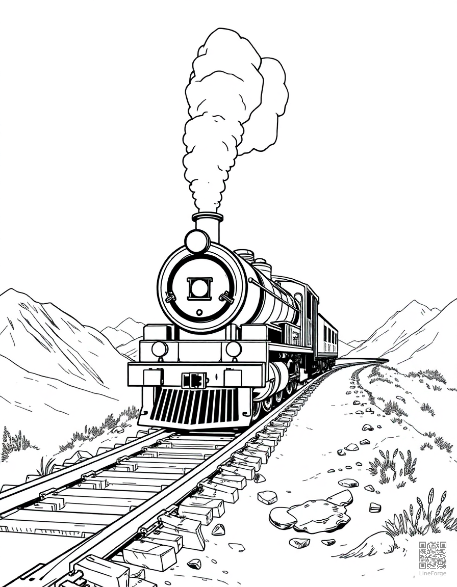 Steam locomotive on mountain tracks coloring page Manga style - free printable