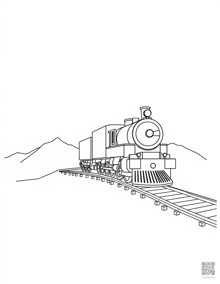 Steam locomotive on mountain tracks coloring page Minimal style - free printable