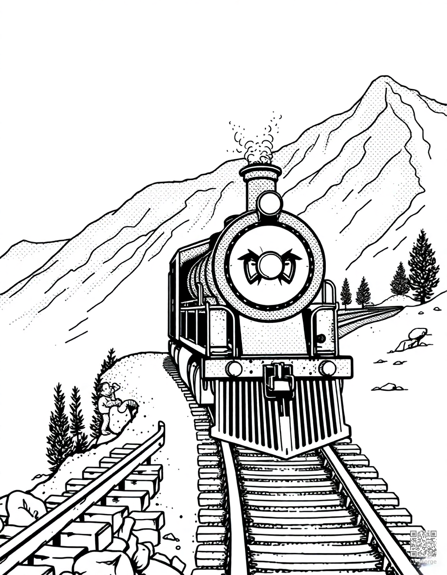 Steam locomotive on mountain tracks coloring page Stipple style - free printable