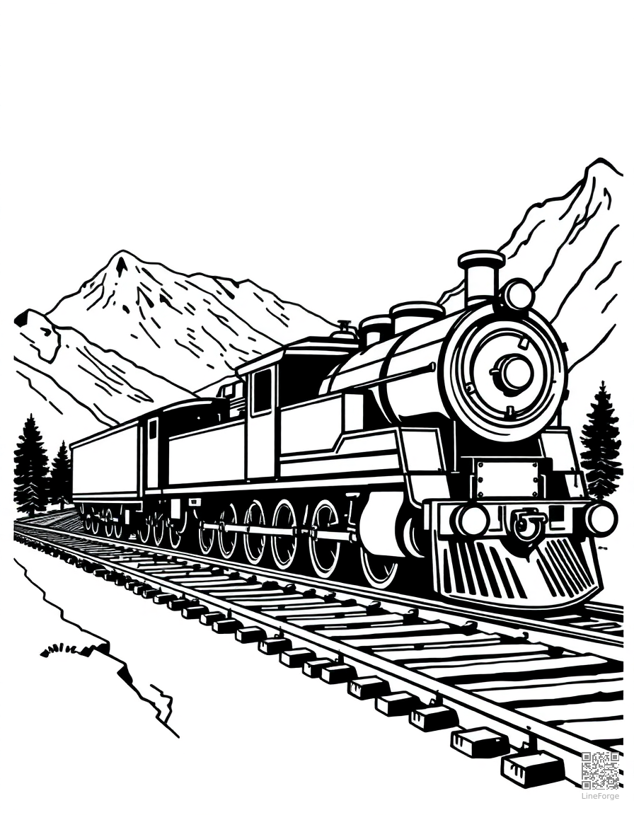Steam locomotive on mountain tracks coloring page Woodcut style - free printable