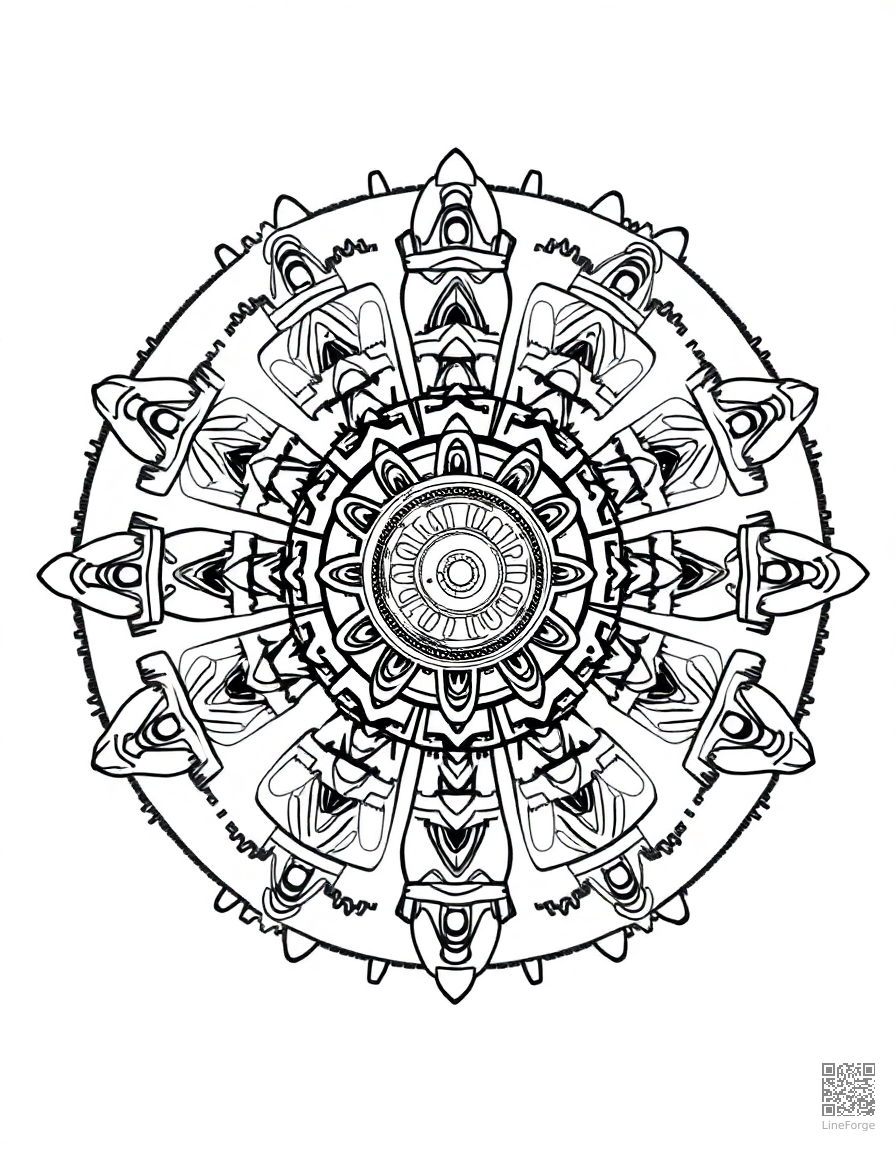 steampunk gear and clockwork mandala coloring page Contour style - free printable