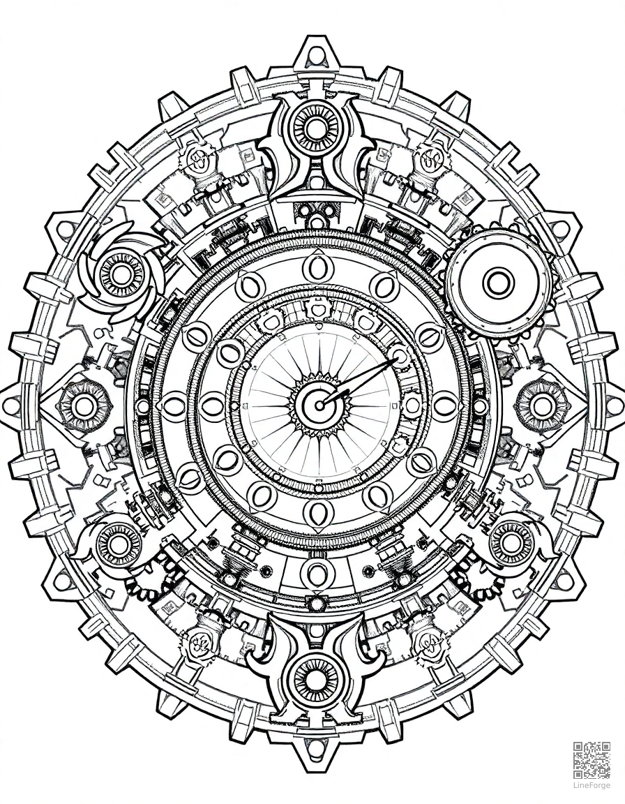steampunk gear and clockwork mandala coloring page Crosshatch style - free printable